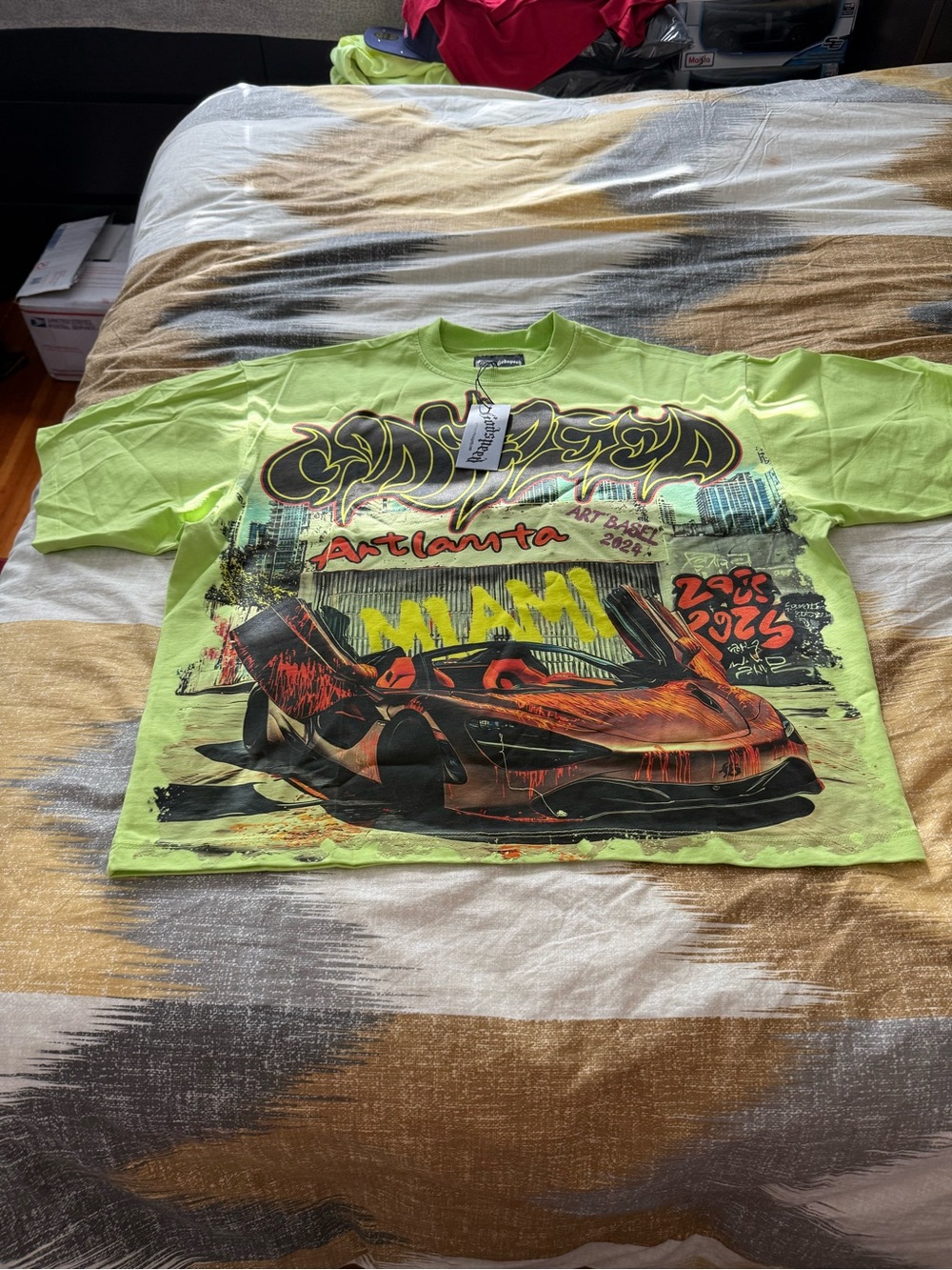Godspeed Miami Exclusive Neon Lime Short Sleeve Tee with Sports Car Print size M